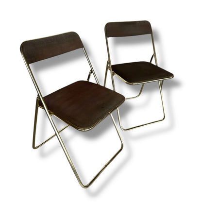 Set of 4 Vintage Mid Century Brass Folding Chairs – Brown Upholstered Dining Chairs