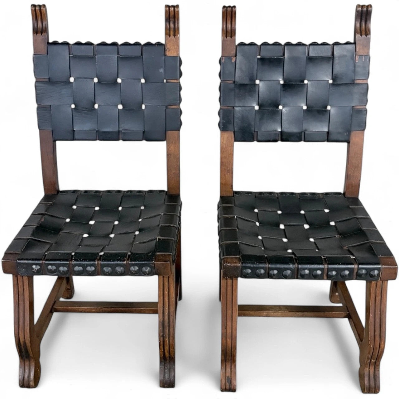 Pair of Vintage Navarro Argudo Spanish Brutalist Chairs – Wood and Woven Leather
