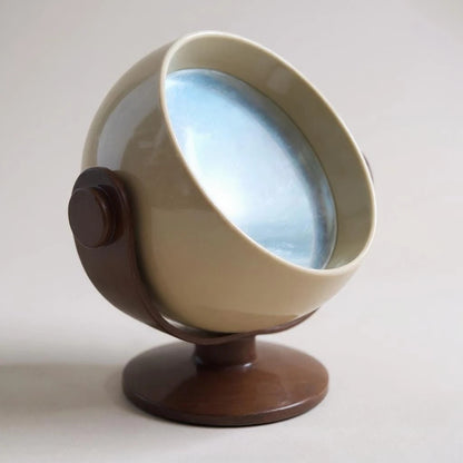 Mid Century Space Age Chocolate Brown and Cream Tabletop Revolving Vanity Mirror