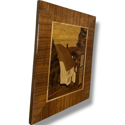 Mid-Century Marquetry Artwork – Rustic House Landscape in Wood Veneer