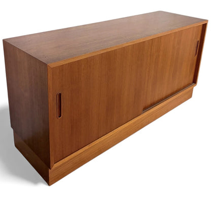 Danish Teak Sideboard – Mid Century Low Cabinet with Sliding Door Storage