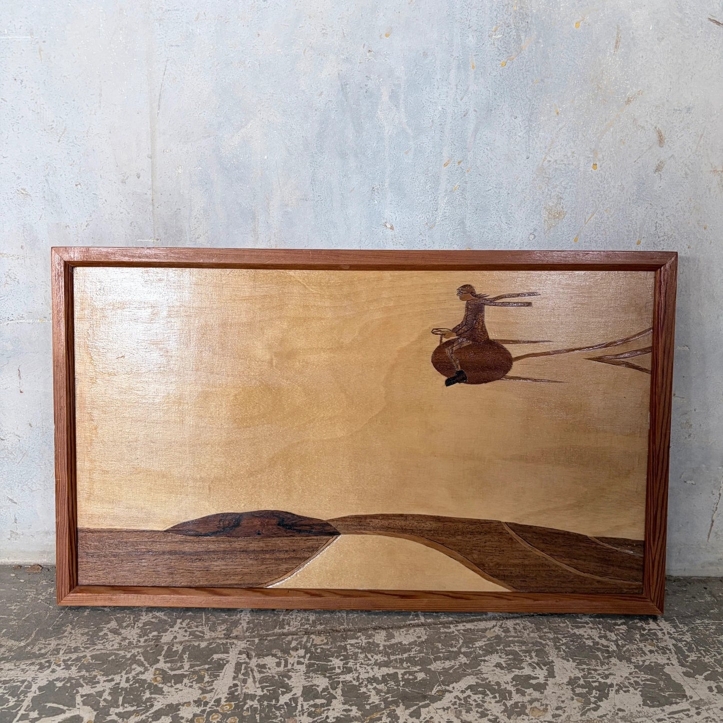 Mid Century Handcrafted Wood Marquetry Landscape Wall Art – Framed