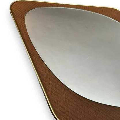 Mid Century Teak and Brass Diamond Shaped Mirror