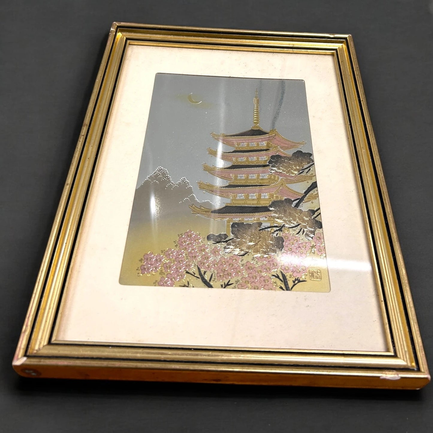 Vintage 1960s Japanese pagoda gold foil painting