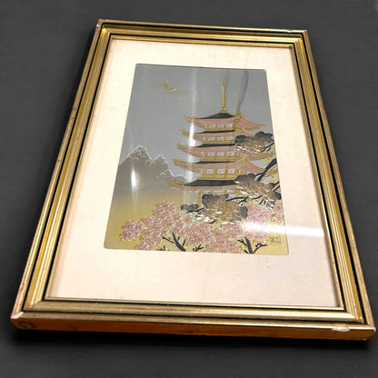 Vintage 1960s Japanese pagoda gold foil painting