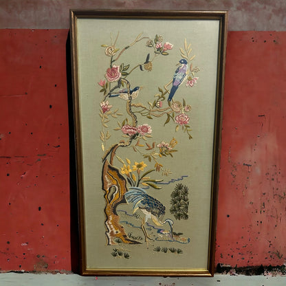 Vintage 1970s Chinese Birds Textile Framed Art