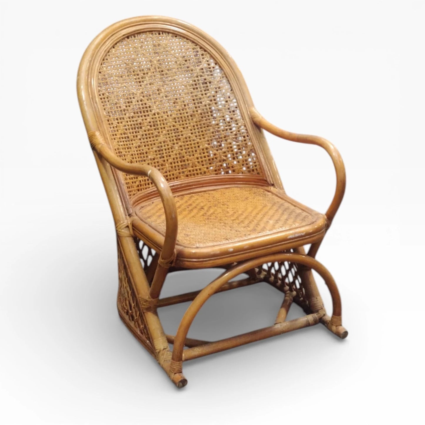 Boho Bamboo Armchair - Vintage 1970s Rattan Woven Seat Coastal Style Chair