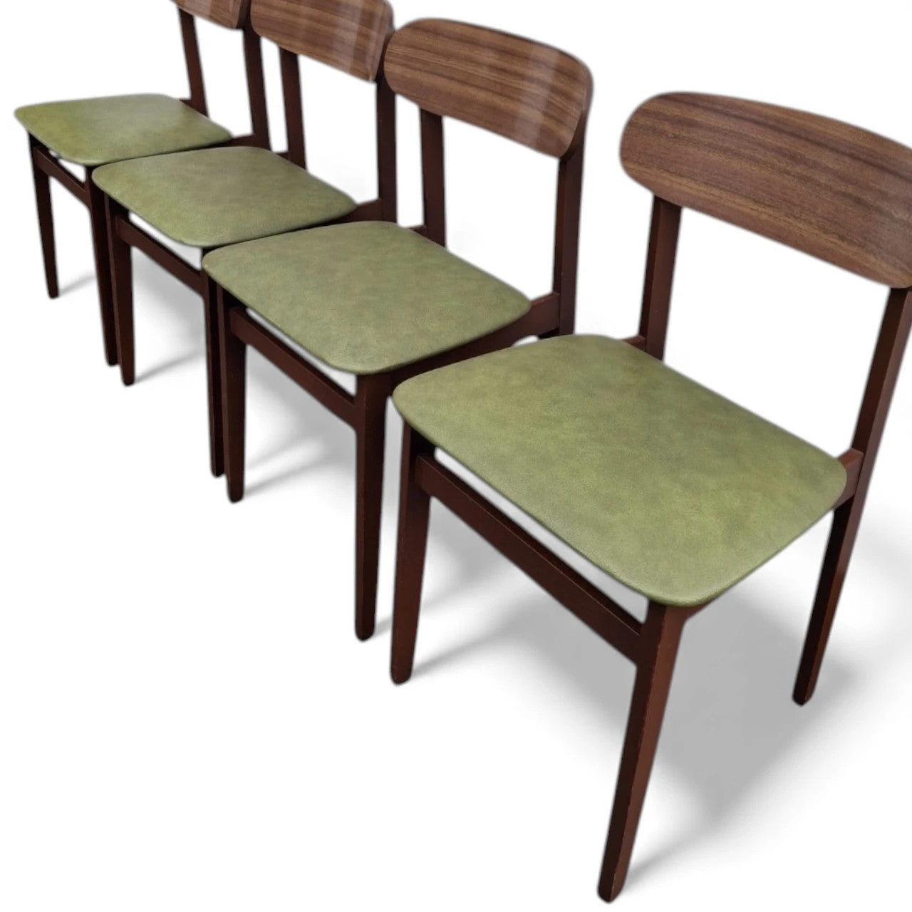 Mid Century Dining Chairs - Set of Four Teak Frames with Green Vinyl Seats