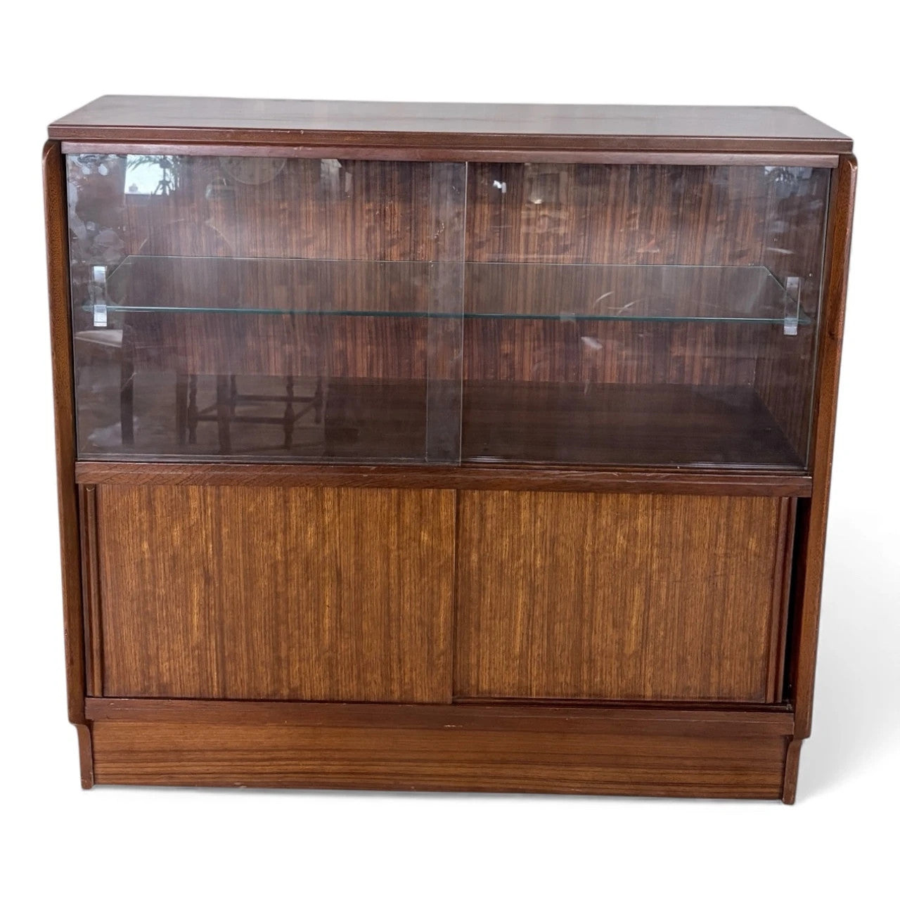 Vintage Sliding Door Bookcase | Mid Century Wooden Display Cabinet With Adjustable Glass Shelves
