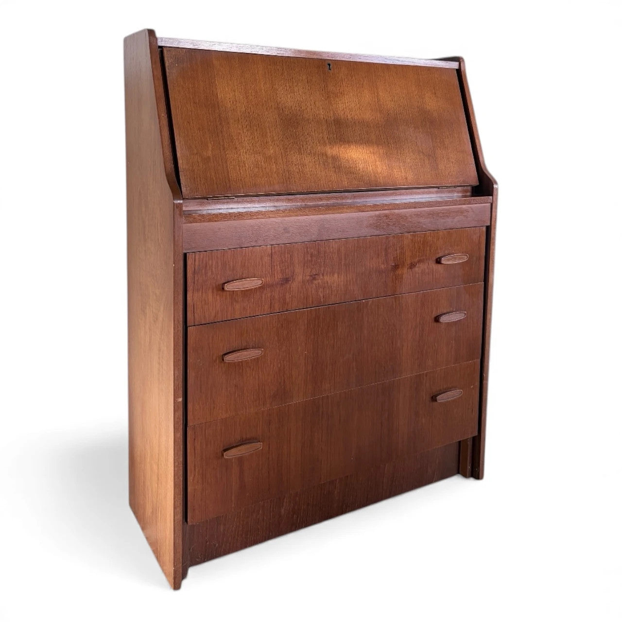 Mid Century Teak Bureau – Danish Modern Desk With Teak Wood Drawers & Drop Front — view 2