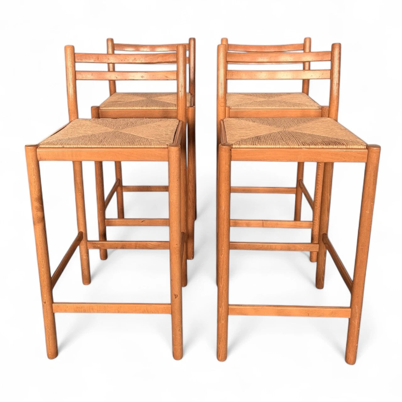 Set of 4 Mid-Century Beech & Rush Bar Stools – 1970s Habitat / Magistretti Style