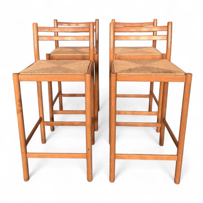 Set of 4 Mid-Century Beech & Rush Bar Stools – 1970s Habitat / Magistretti Style