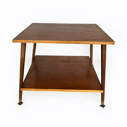 Mid Century Modern Danish Teak Wood Two Tiered Shelving Side Table
