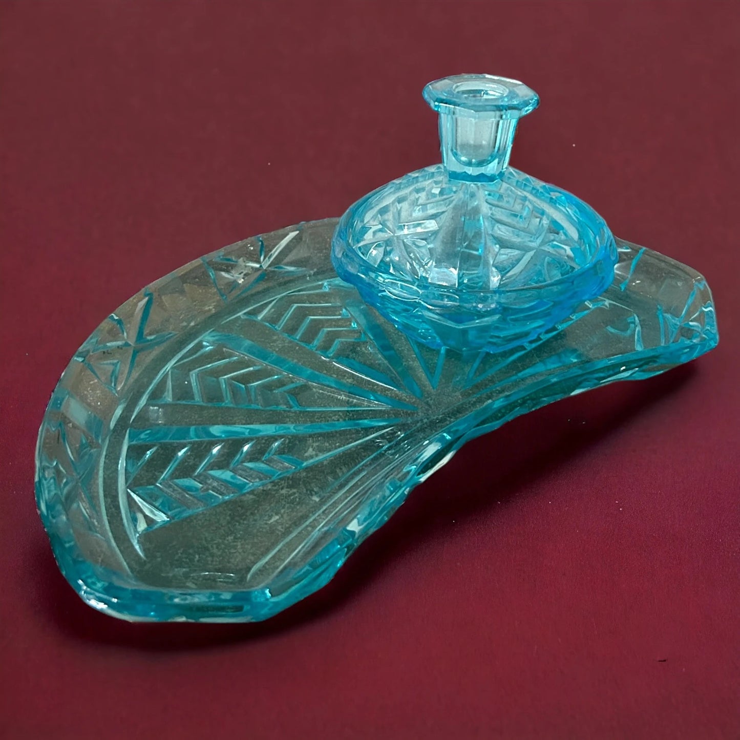 Vintage 1940s Rudolfova Hut Glass Aqua Blue Vanity Tray