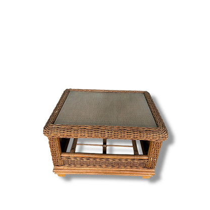 Mid Century Modern Wicker Bamboo Glass Topped Coffee Table