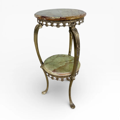 Vintage Onyx Plant Stand – Two Tier Green Onyx Shelves | Ornate Brass Frame