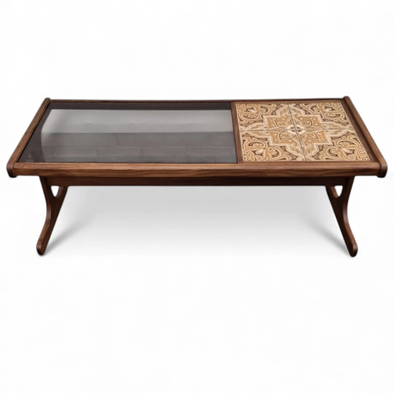 G Plan Coffee Table – Mid Century Teak Table with Smoked Glass Top & Patterned Tiles