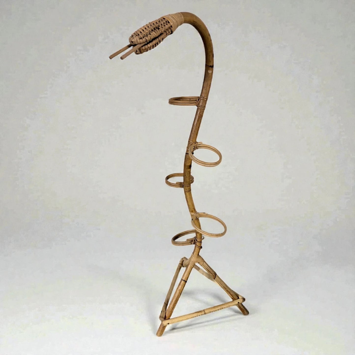 Bamboo Plant Stand – Sculptural Snake Shaped Vintage Rack With Rattan Holder