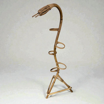 Bamboo Plant Stand – Sculptural Snake Shaped Vintage Rack With Rattan Holder
