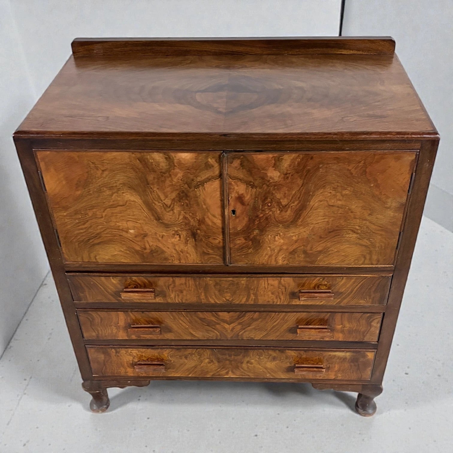Walnut Burr Cabinet - Vintage Storage Cabinet With Solid Wood Handles & Curved Pad Feet — view 2