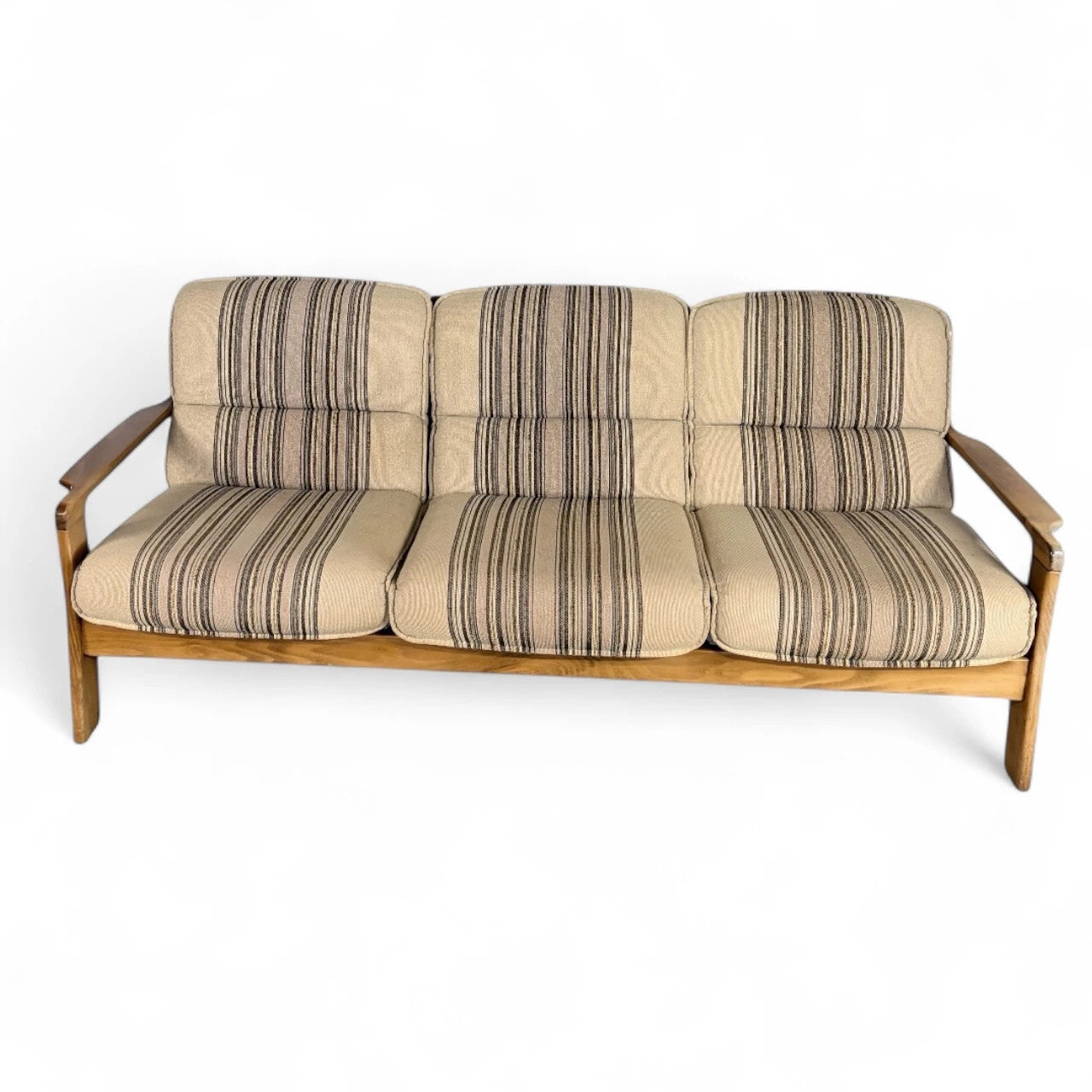 Danish Mid-Century Three-Seater Sofa | Brutalist Solid Wood Frame | Striped Woven Upholstery