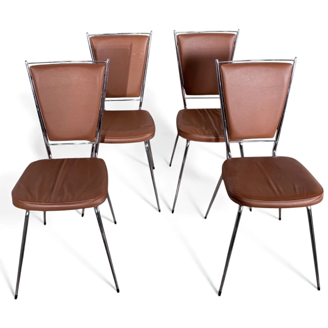 Chrome Dining Chairs - Set of Four Vintage 1970s French Leatherette Upholstery