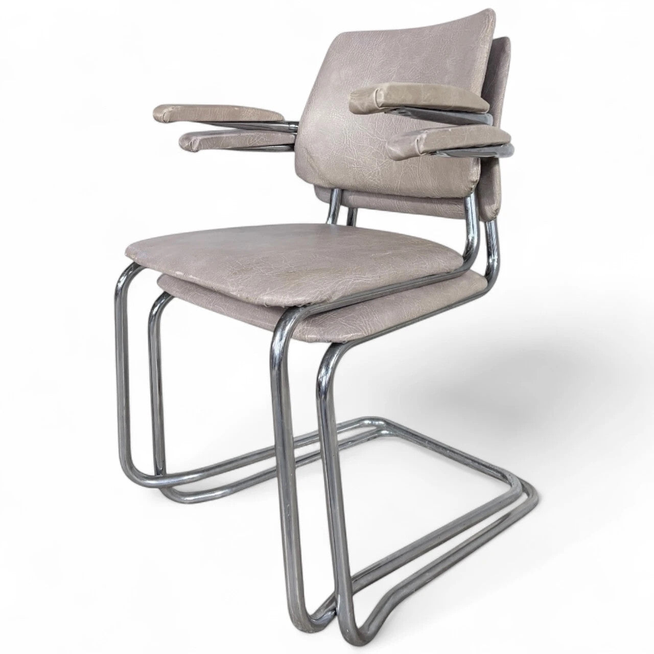 Pair of 1970s Stamped Chrome Cantilever Chairs – Stacking Armchairs