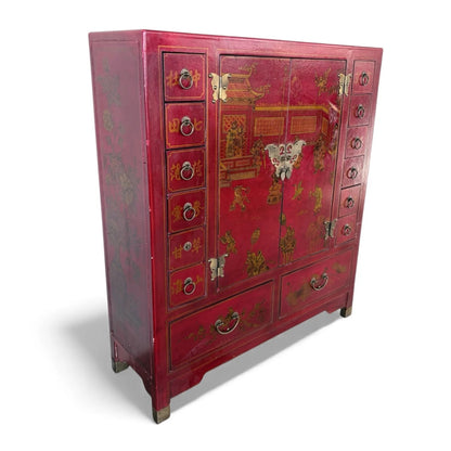 Antique Apothecary Cabinet – Red Lacquer Chinoiserie Storage Unit with Brass Hardware — view 2