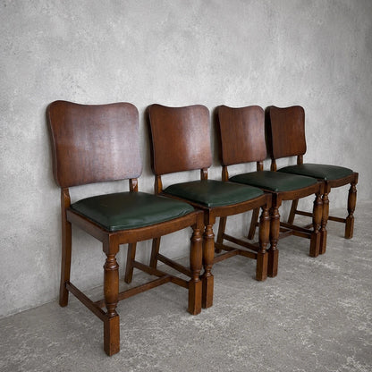 Arts & Crafts Art Deco Oak Dining Chairs – Set of Four with Green Vinyl Seats