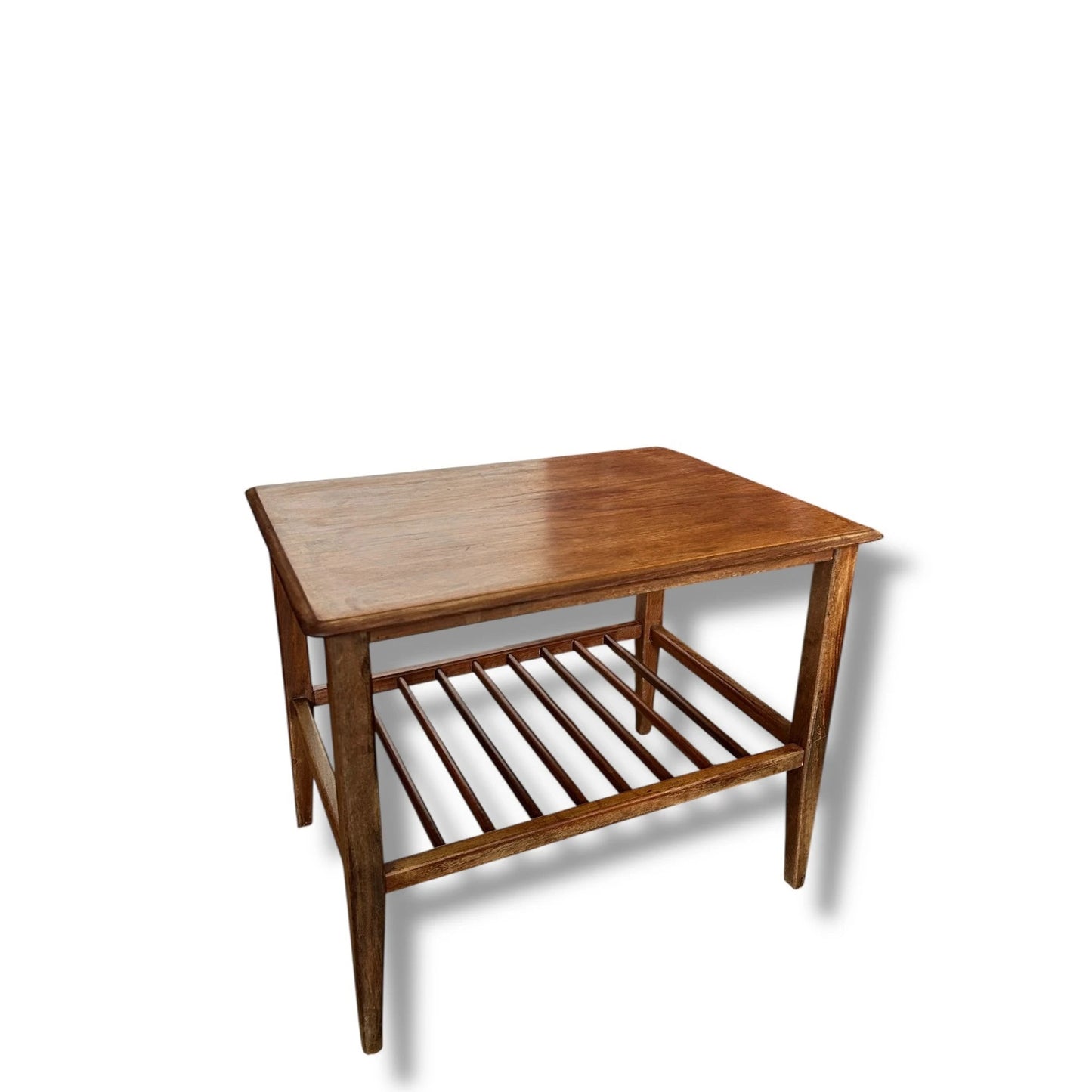 Mid Century Modern Teak End Table | Vintage Side Table with Slatted Shelf