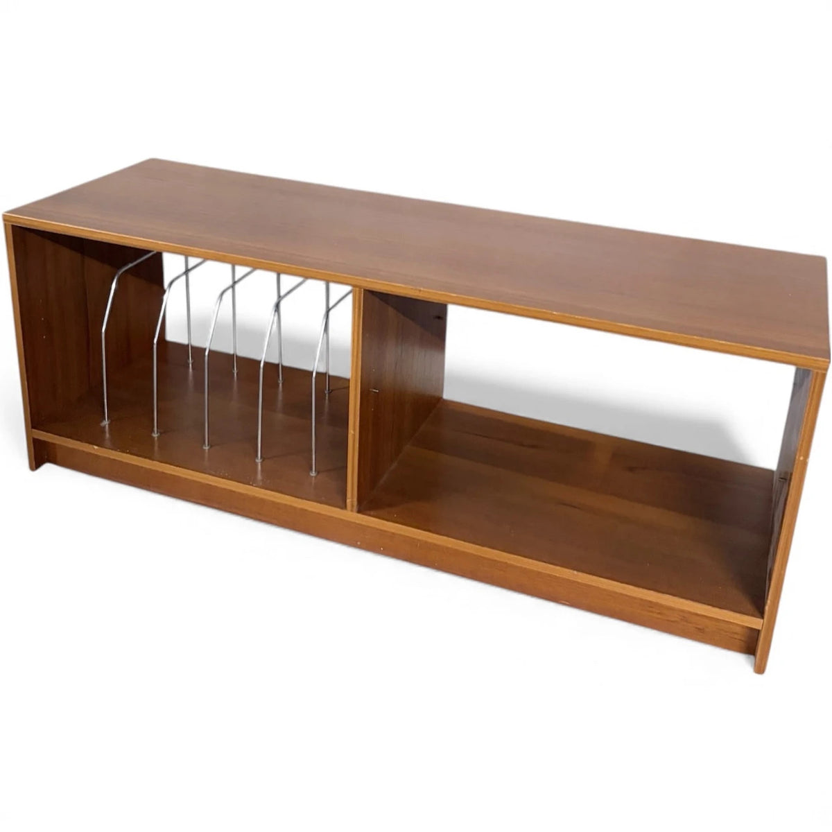 Mid Century Media Unit – Teak TV Stand with Vinyl Record Storage & Metal Wire Dividers