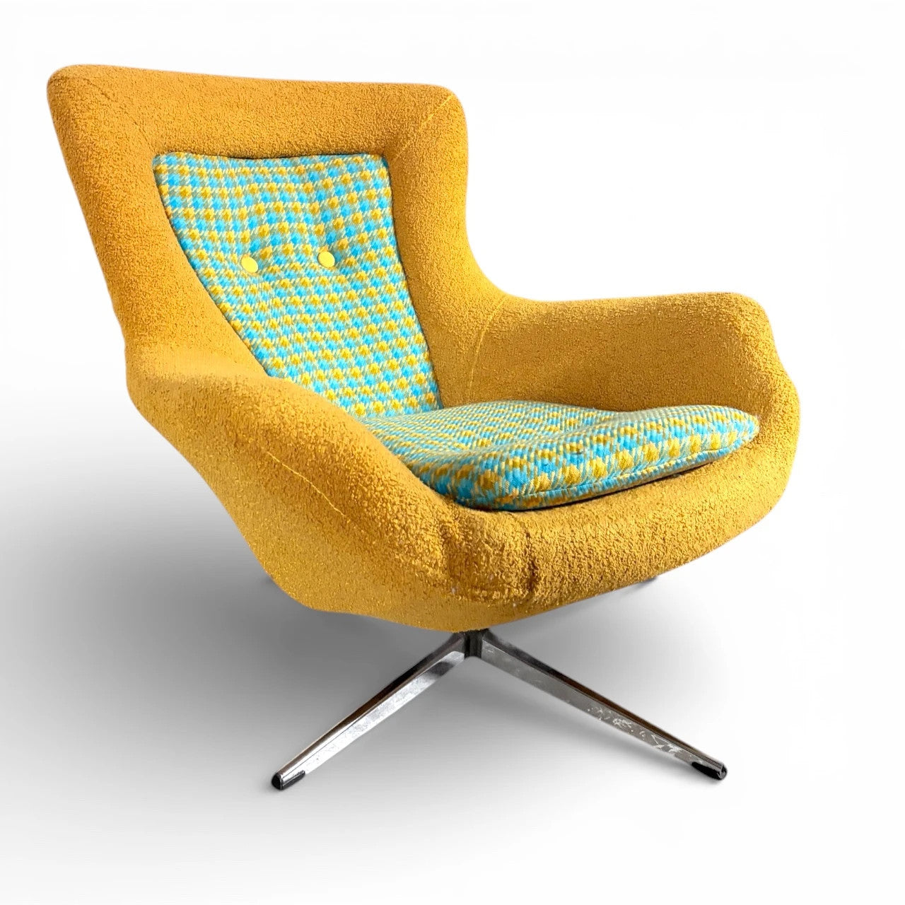 Mid-Century Swivel Chair - Mustard Fabric Lounge With Patterned Cushions & Chrome Base — view 2