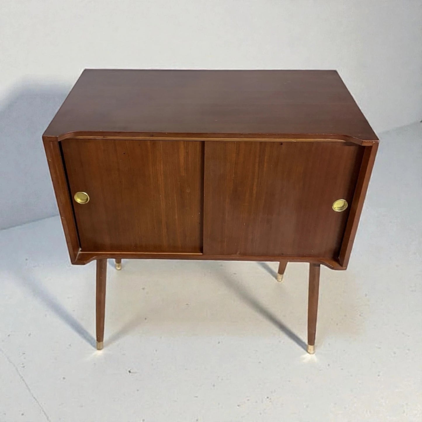 Mid-Century Record Cabinet – Teak Sliding Door Cabinet With Brass Legs — view 2
