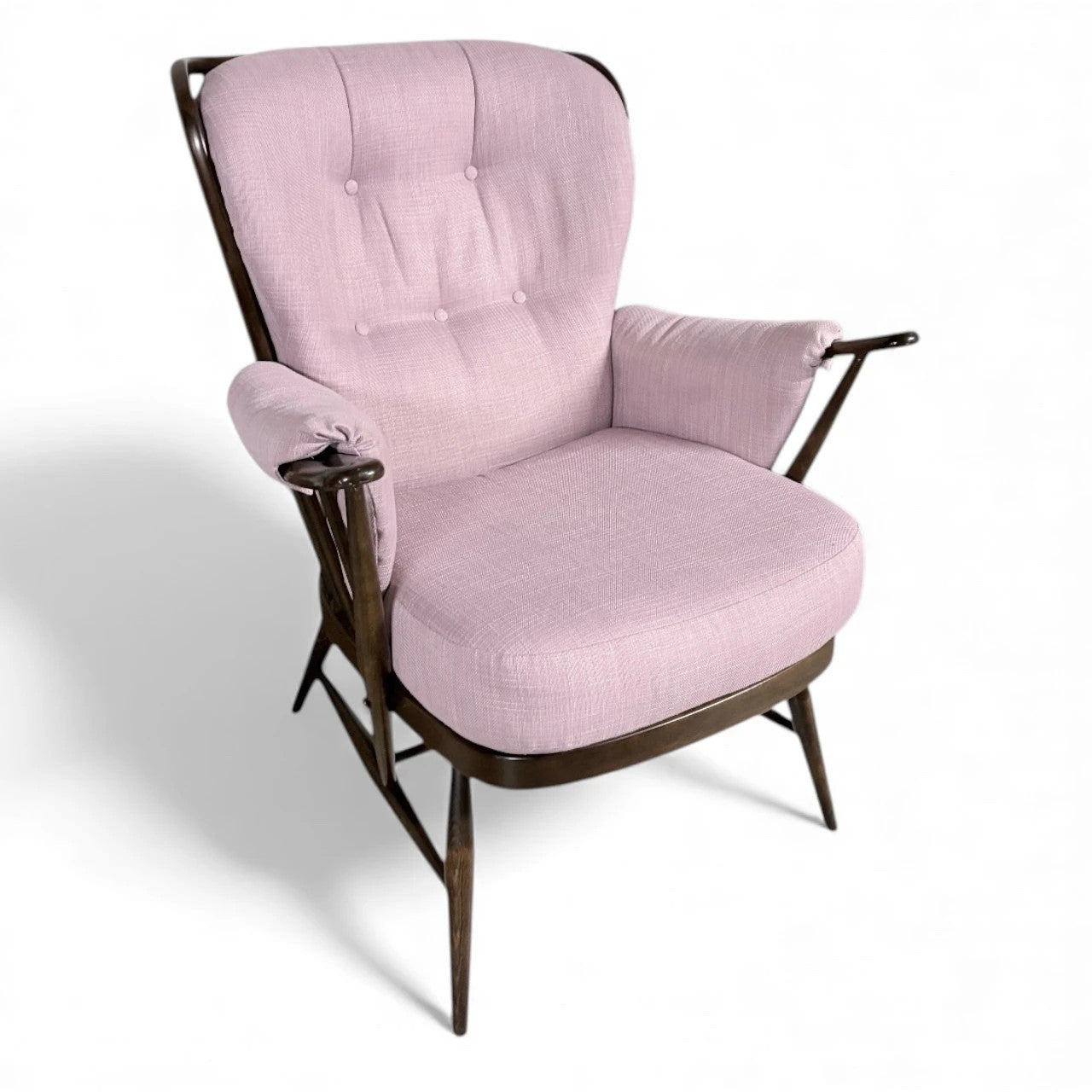 Ercol Everest Armchair – Mid Century Dark Beech Frame | Dusty Pink Upholstery