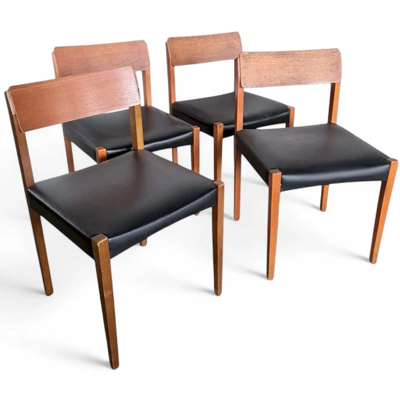 Set of Four Teak Dining Chairs | Mid-Century Modern | Black Vinyl Seats