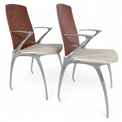 Pair of Japanese ‘Blade Runner’ Sculptural Chairs – Aluminium & Wood Futuristic Design
