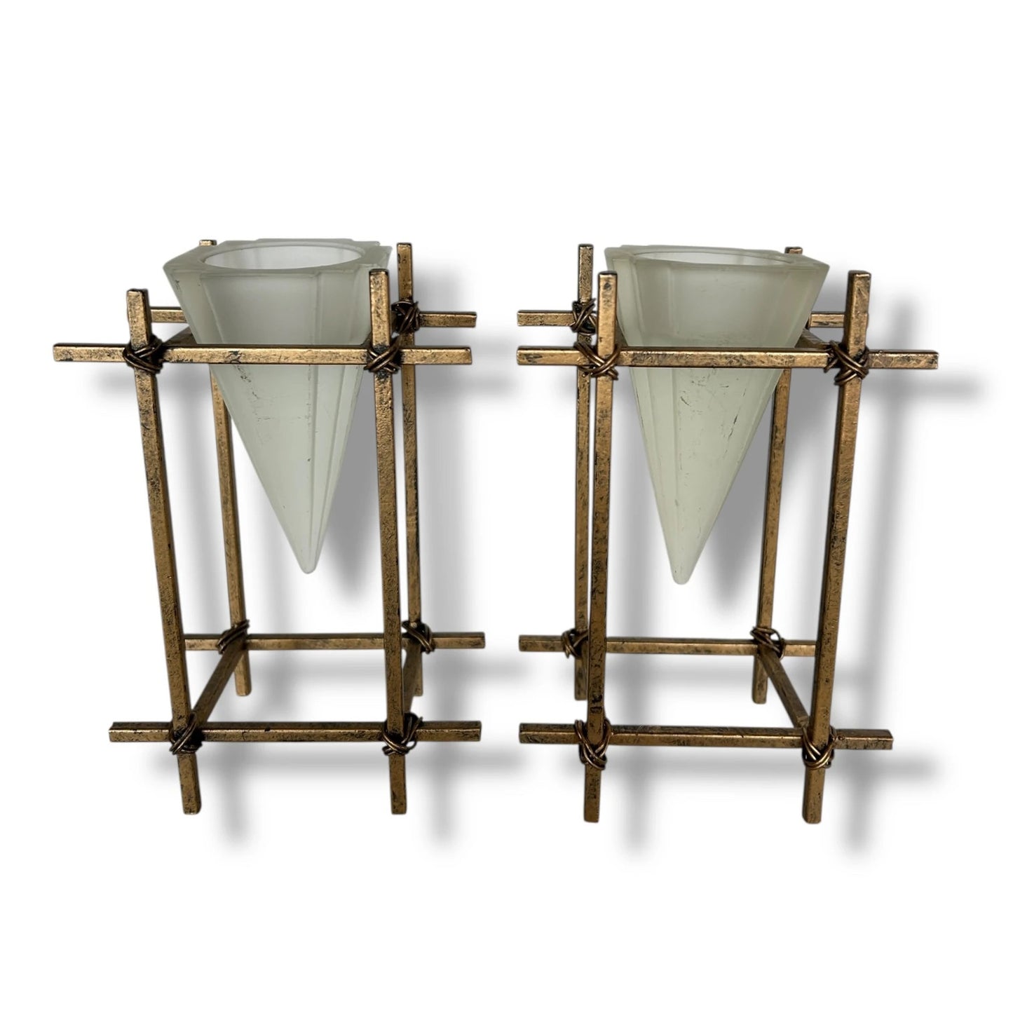 Pair of French Brass & Frosted Glass Candle Holders – Mid Century Modern Geometric Votive Stands