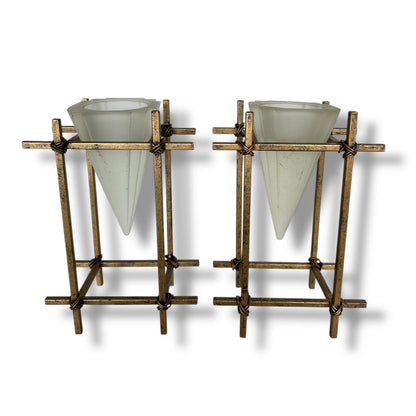 Pair of French Brass & Frosted Glass Candle Holders – Mid Century Modern Geometric Votive Stands