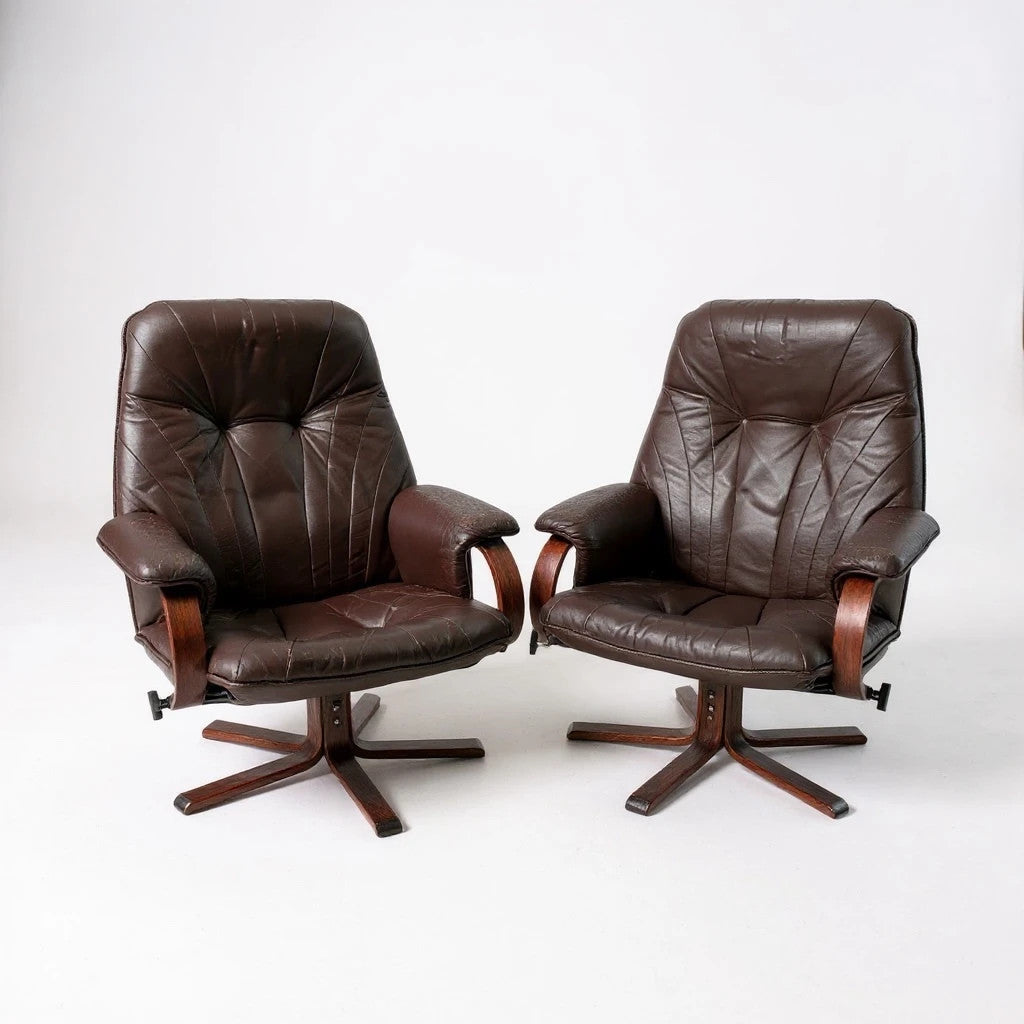 Pair of Vintage Brown Leather Reclining Swivel Armchairs – Danish Stressless Style Chairs