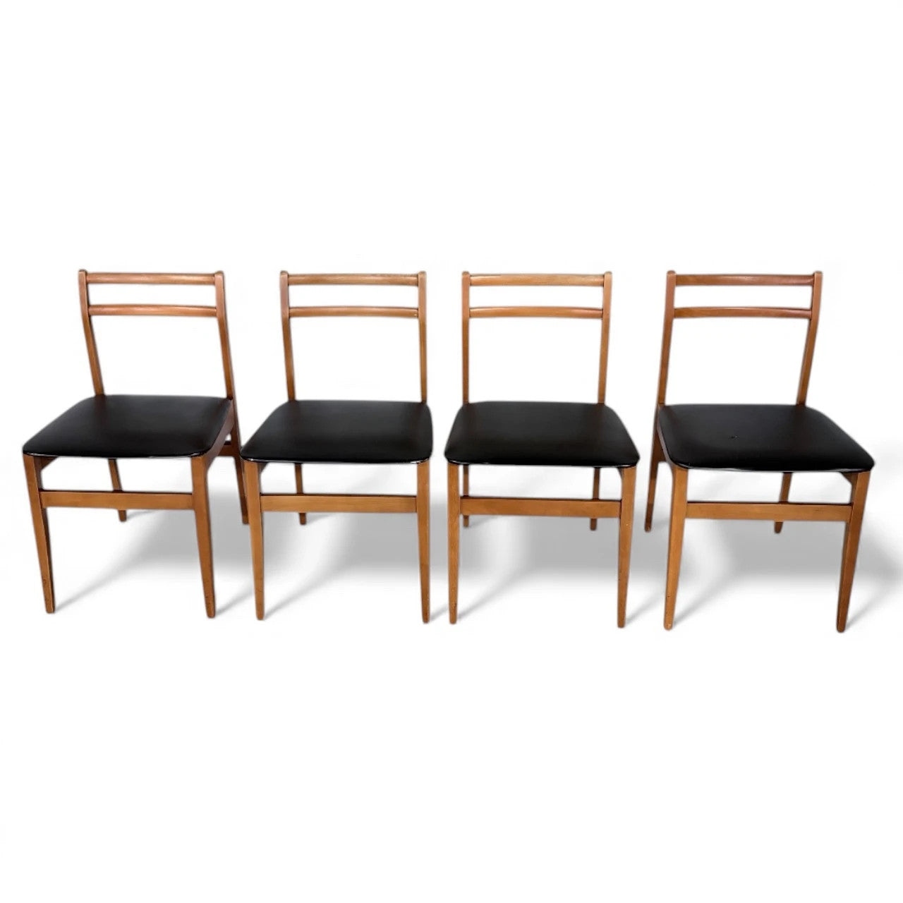 Set of 4 Mid-Century Beech Dining Chairs with Black Vinyl Seats