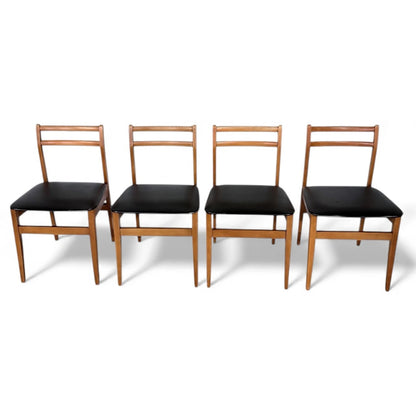 Set of 4 Mid-Century Beech Dining Chairs with Black Vinyl Seats