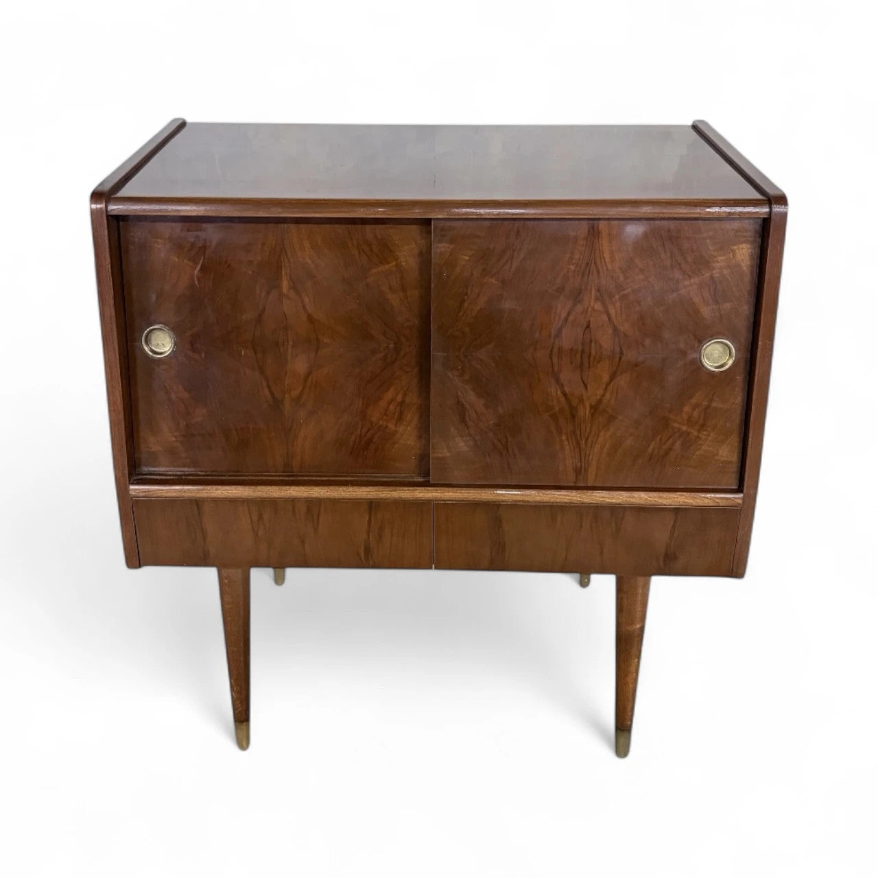 Mid-Century Walnut Record Cabinet with Sliding Doors & Drawers