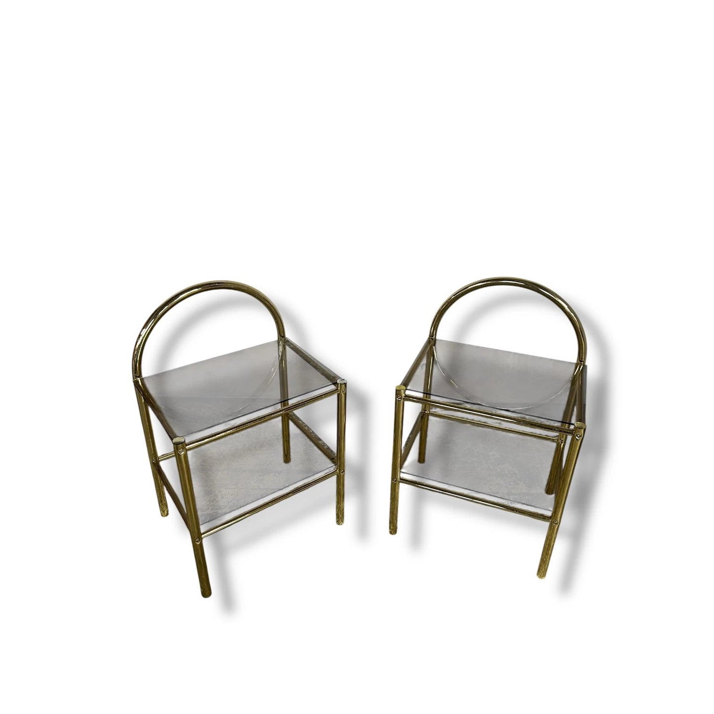 Mid Century Brass Gold and Smoked Glass Bedside Tables