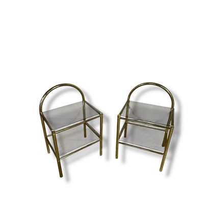 Mid Century Brass Gold and Smoked Glass Bedside Tables