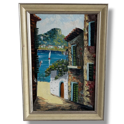 1970s Mediterranean Oil Painting – Framed Coastal Street Scene, Signed