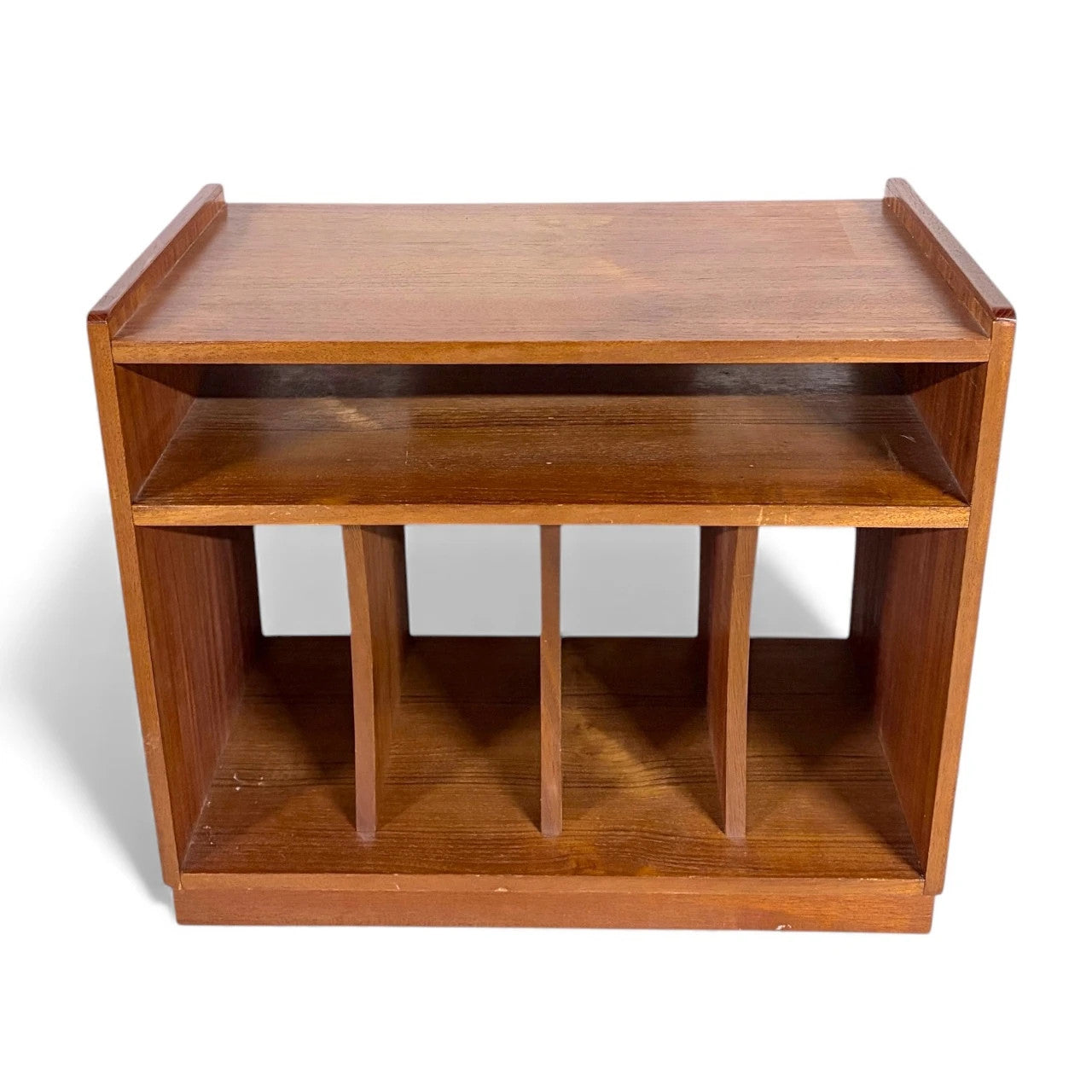 Teak Vinyl Storage Cabinet – Mid Century Media Cabinet with Dividers & Open Shelf