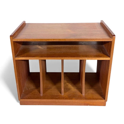 Teak Vinyl Storage Cabinet – Mid Century Media Cabinet with Dividers & Open Shelf