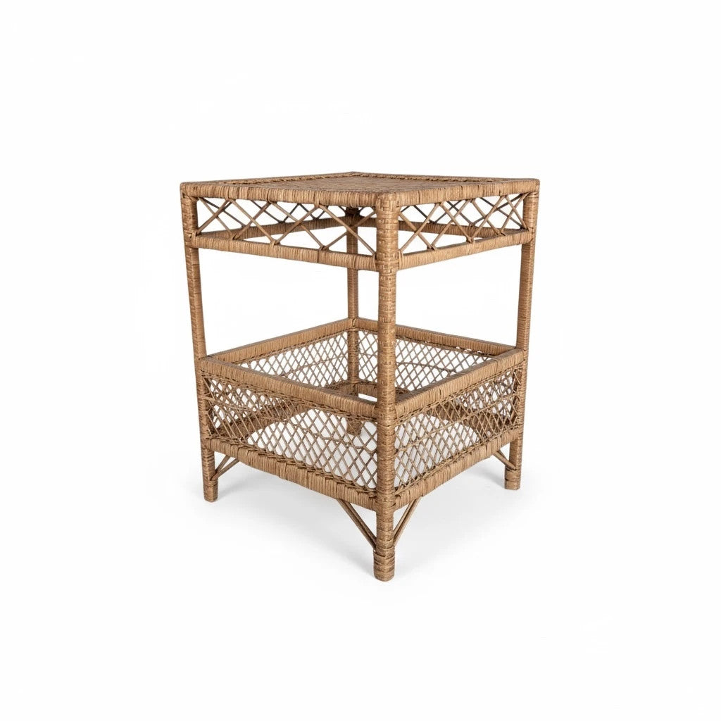 Vintage Bamboo Side Table | Square Rattan Accent Table