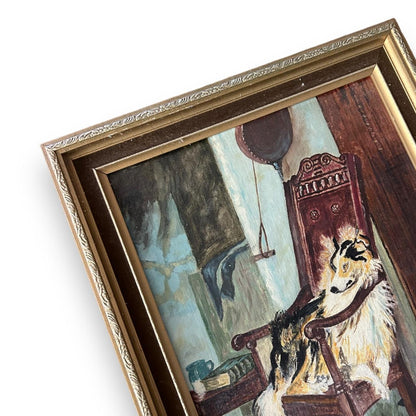 Vintage 1990s Dog Still Life Oil Painting