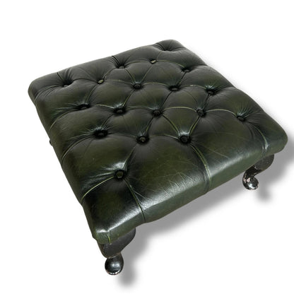 Mid Century Modern Dark Green Leather Chesterfield Foot Stool